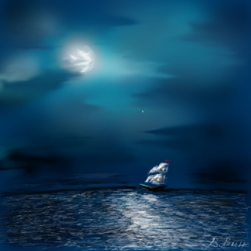 Луна и море. Ночь Луна море. Ночное море. Корабль в синем ночном море.