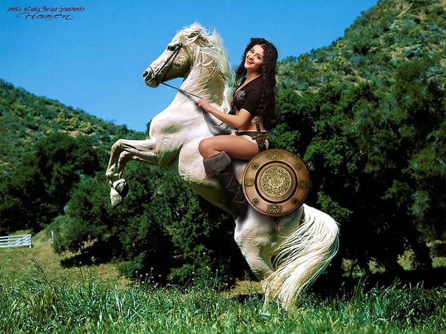 Girl-warrior - Amazon with a Black Horse Stock Image - Image of outdoor, nature: