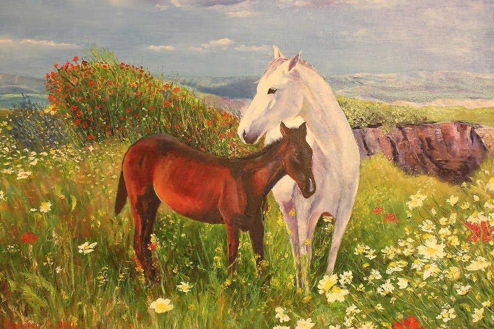 Как назвать картину. Пейзаж маслом на холсте кони на выпасе. Маслом написать лошадь. Картины маслом лошадь в березах. Картина маслом жеребёнок на облаке.