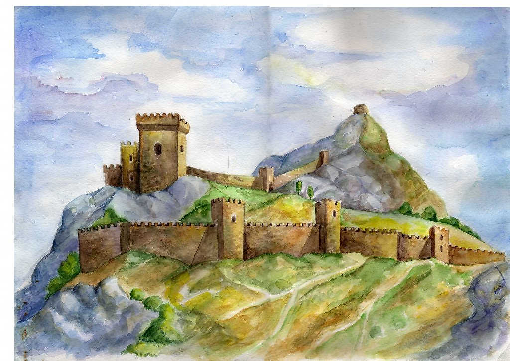 Картина кала. Генуэзская крепость в Судаке акварель. Генуэзская крепость Судак живопись. Генуэзская крепость зарисовки. Генуэзская крепость акварелью.