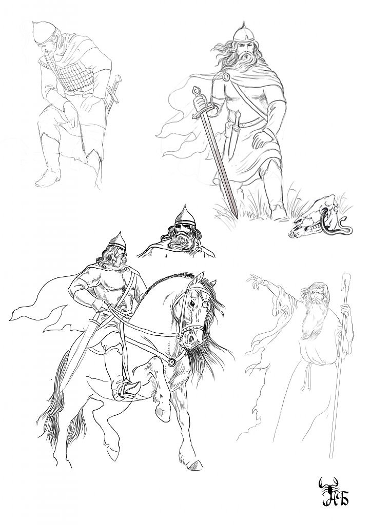 Как нарисовать олега и коня. Как нарисовать олега и коня. Раскраска дружина. Легкий портрет ильи муромца. Раскраска.