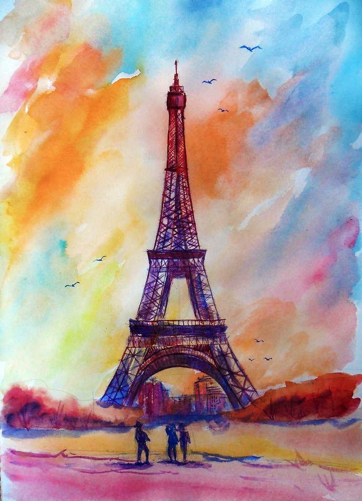 Красивый рисунок на а4. Париж Эйфелева башня акварель. Рисунки красками. Рисунки акварелью. Красивые рисунки красками.