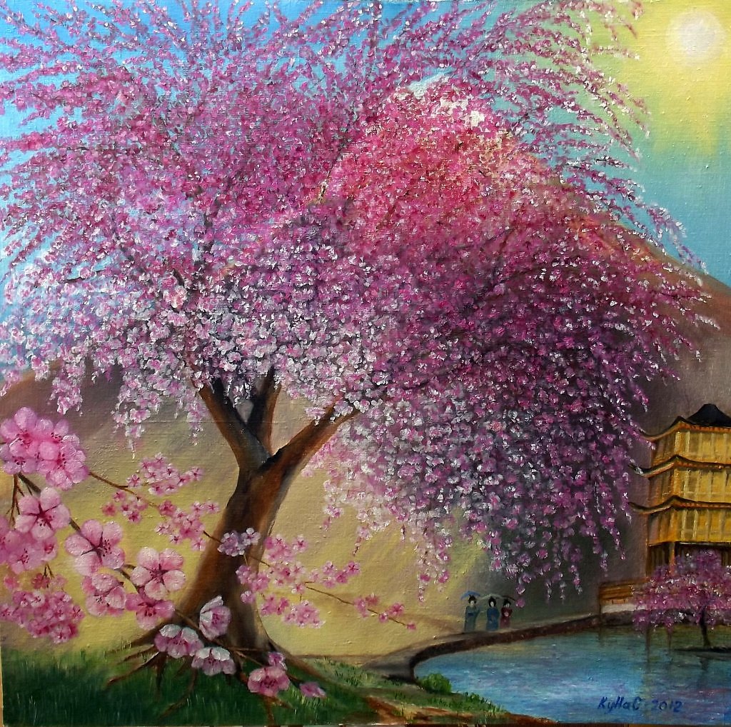 Масло сакуры. Сакура живопись. Деревья в цвету живопись. Цветущие сады Сакуры живопись. Сакура масляными красками.