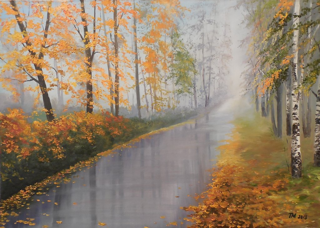 Песня осенью дождливый серый день. Пейзажи Тамары Масленик. Осень маслом. Картина дождливаяоснь.
