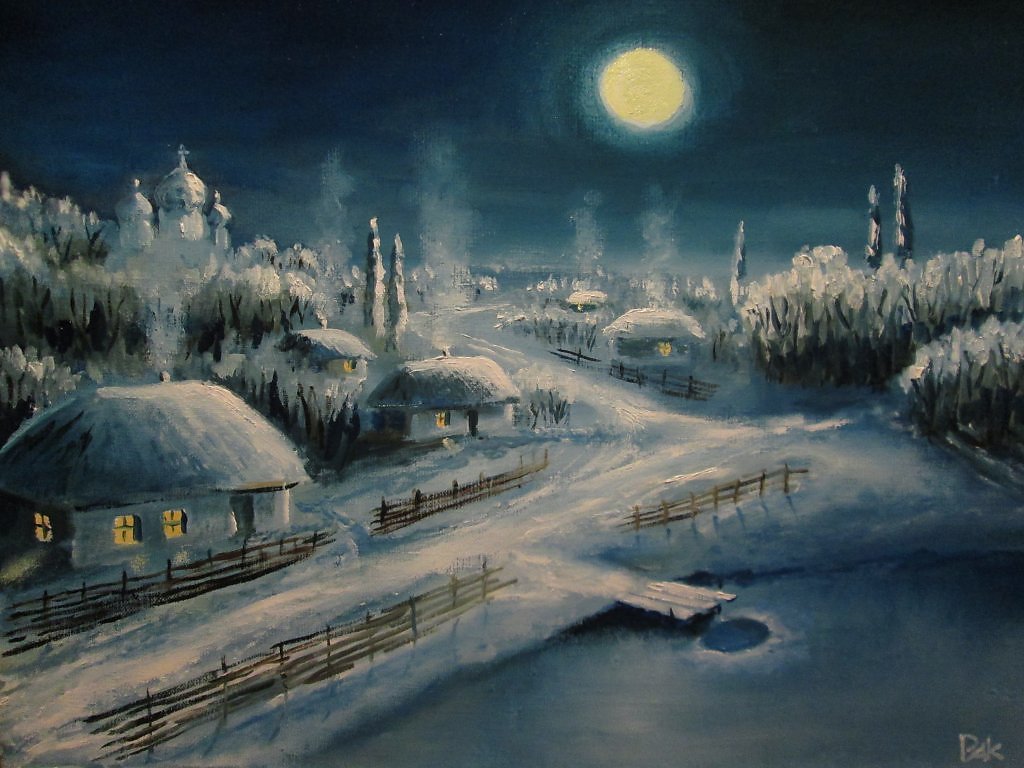 Последняя ночь рождества. Зимняя ночь в деревне. Украинская деревня зимой. Зимняя деревня живопись. Украинский Хутор зимой.