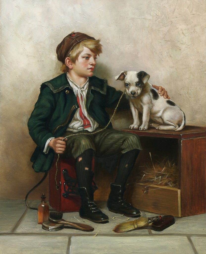 Мальчик с собакой описание. Джон Джордж Браун (1831-1913). Мальчики в живописи. Собачки картины художников. Портрет собаки.