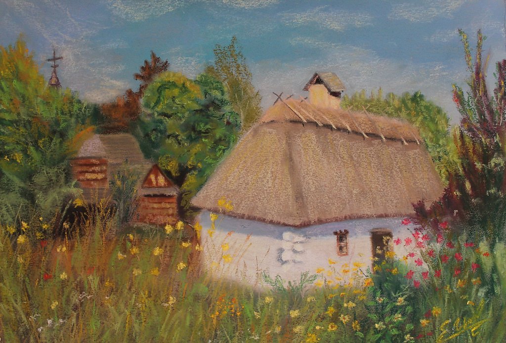 Сына хата. Украинская хата с соломенной крышей. Хата с соломенной крышей Курская область. Хата Мазанка живопись. Украинский пейзаж мазанки.