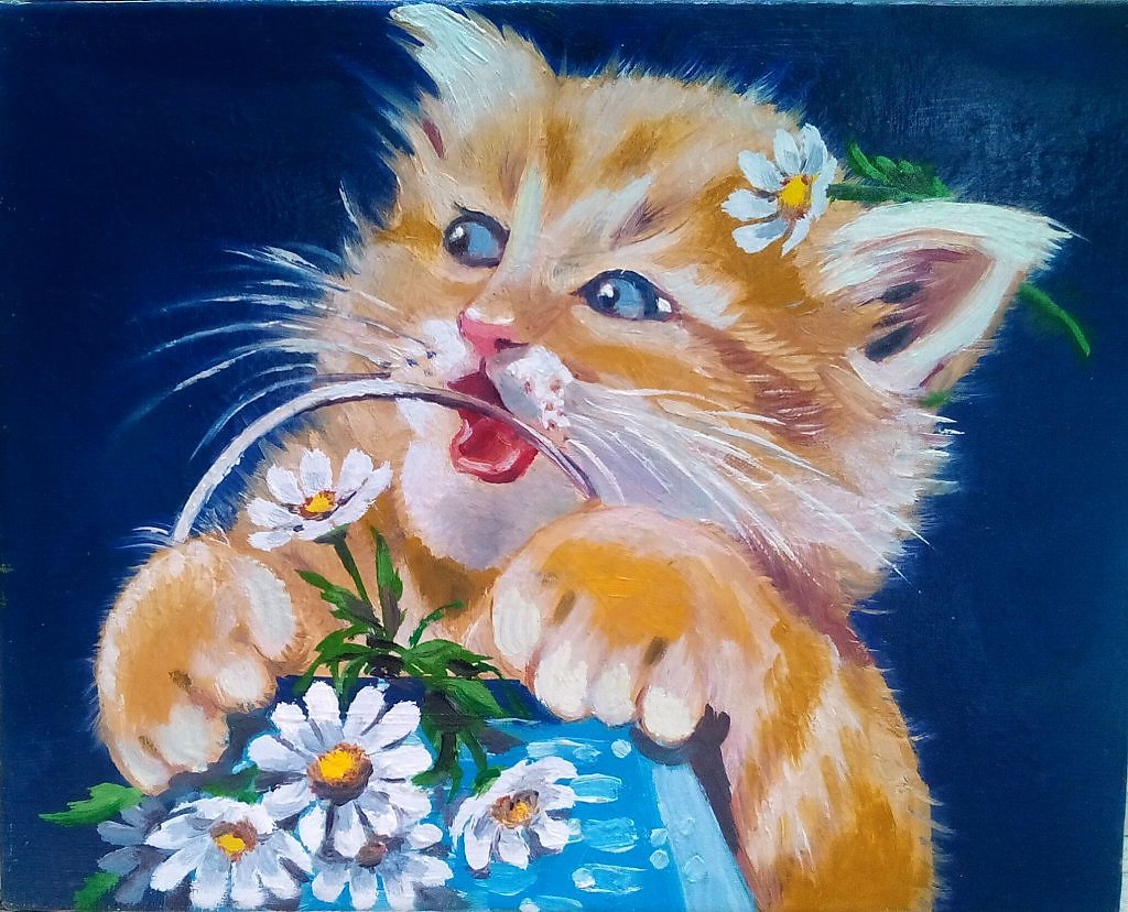 Ромашковая кошка. Кот картина. Рыжие коты в живописи. Рыжий котик с ромашкой.