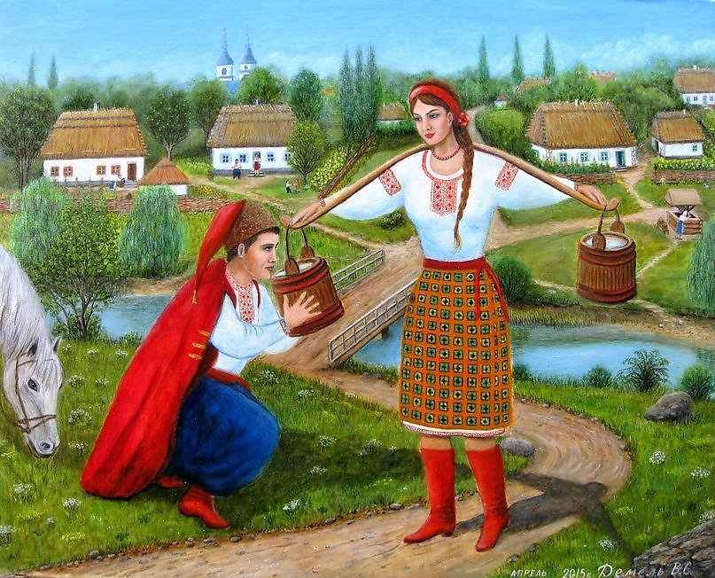 Песня поет украинец. Девушка с коромыслом. Несе Галя воду. Баба с коромыслом и ведрами. Картины в украинском народном стиле.