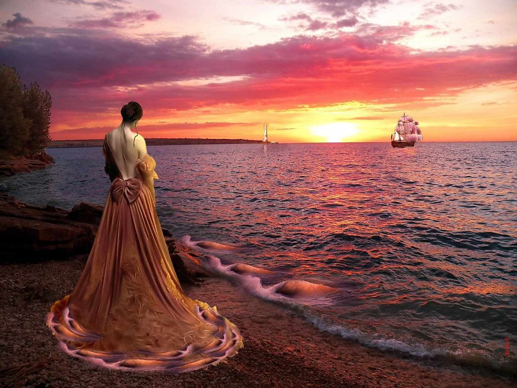 Время несет меня в даль. Девушка на берегу моря. Девушка ждет на берегу моря. Корабль на закате.